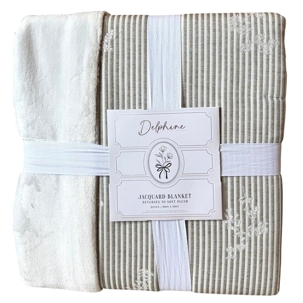 Delphine Gray Striped Queen Reverse to Plush Jacquard Blanket 90" Floral NEW